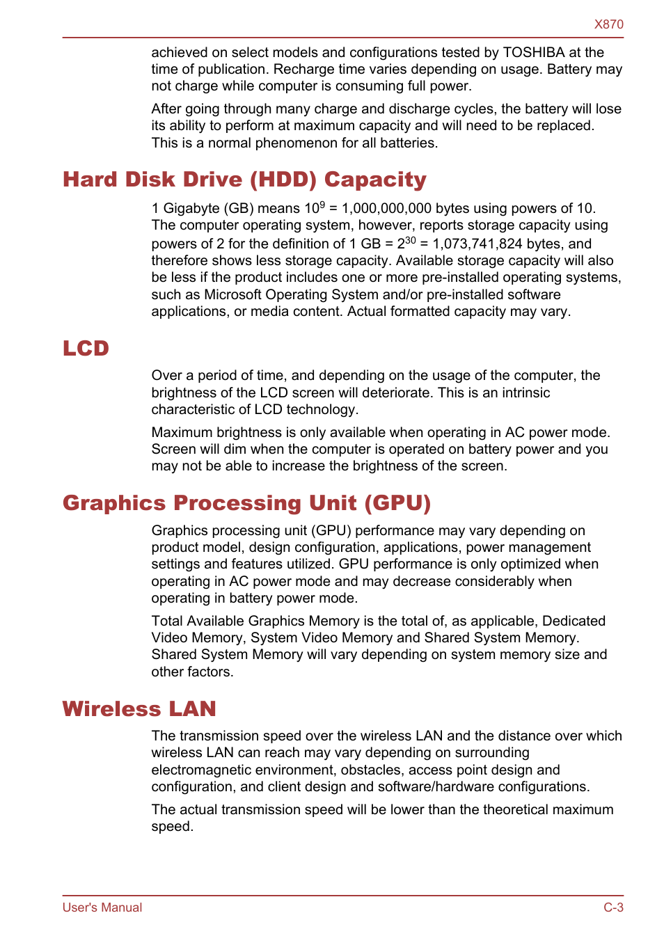 Hard disk drive (hdd) capacity, Graphics processing unit (gpu), Wireless lan | Toshiba Qosmio X870 User Manual | Page 153 / 164