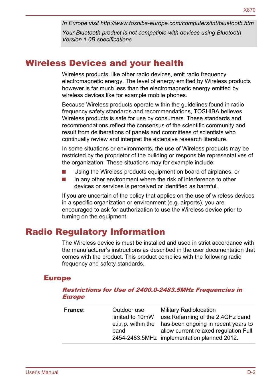 Wireless devices and your health, Radio regulatory information, Europe | Toshiba Qosmio X870 User Manual | Page 156 / 164