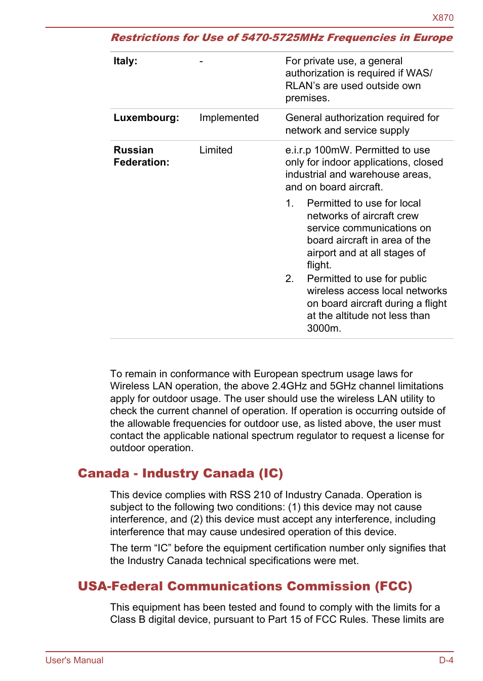 Canada - industry canada (ic), Usa-federal communications commission (fcc) | Toshiba Qosmio X870 User Manual | Page 158 / 164