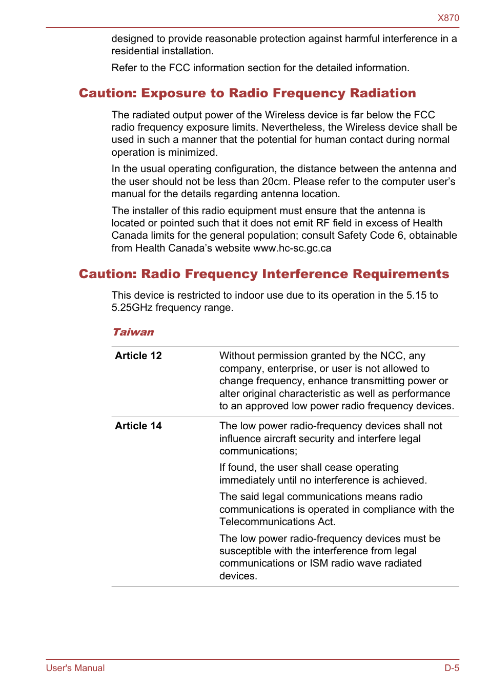 Caution: exposure to radio frequency radiation, Caution: radio frequency interference requirements | Toshiba Qosmio X870 User Manual | Page 159 / 164