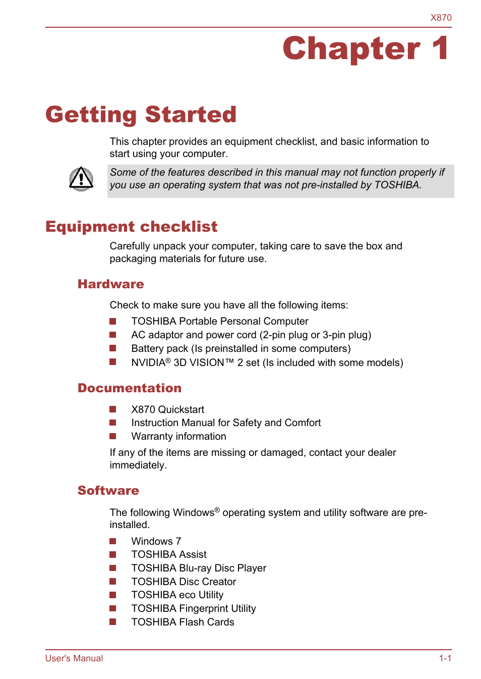 Chapter 1 getting started, Equipment checklist, Hardware | Documentation, Software, Chapter 1, Getting started, Equipment checklist -1 | Toshiba Qosmio X870 User Manual | Page 17 / 164