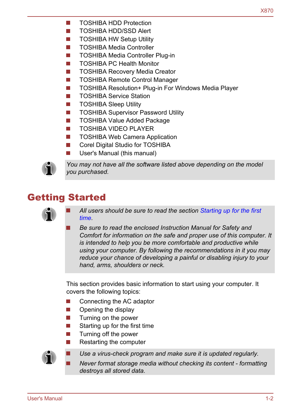 Getting started, Getting started -2 | Toshiba Qosmio X870 User Manual | Page 18 / 164