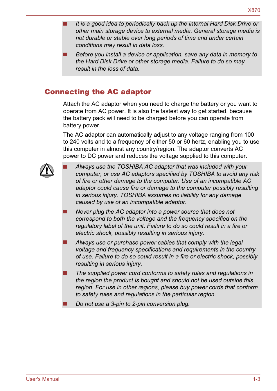 Connecting the ac adaptor | Toshiba Qosmio X870 User Manual | Page 19 / 164