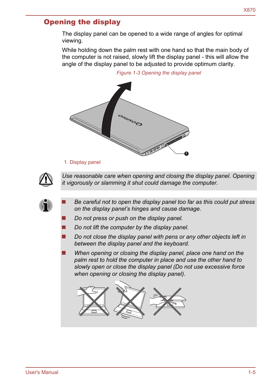 Opening the display | Toshiba Qosmio X870 User Manual | Page 21 / 164