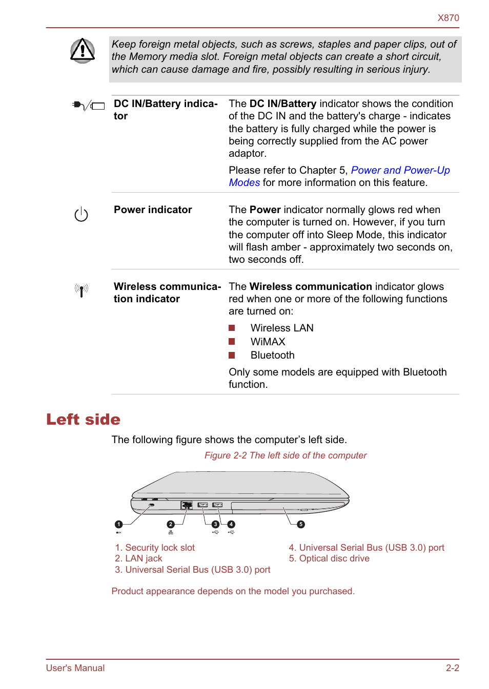 Left side, Left side -2 | Toshiba Qosmio X870 User Manual | Page 28 / 164