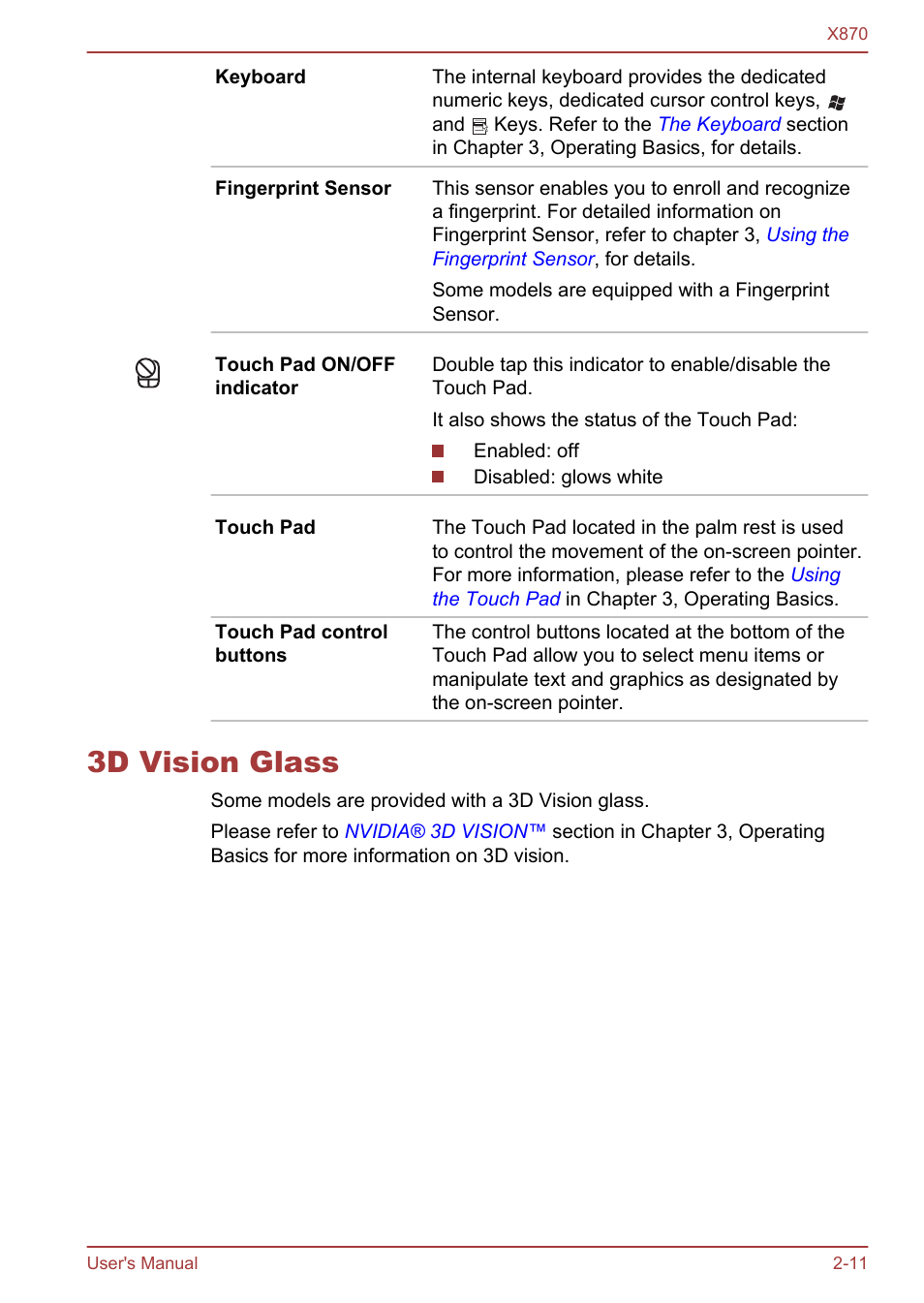 3d vision glass, 3d vision glass -11 | Toshiba Qosmio X870 User Manual | Page 37 / 164