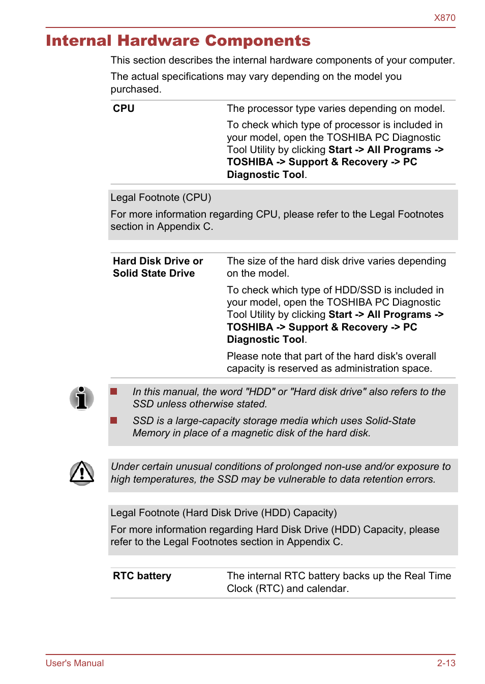 Internal hardware components, Internal hardware components -13 | Toshiba Qosmio X870 User Manual | Page 39 / 164