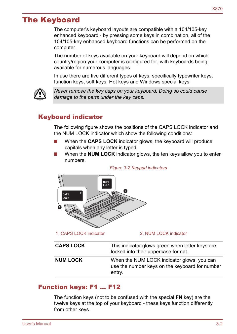 The keyboard, Keyboard indicator, Function keys: f1 … f12 | The keyboard -2, Keys. refer to the, Section | Toshiba Qosmio X870 User Manual | Page 43 / 164