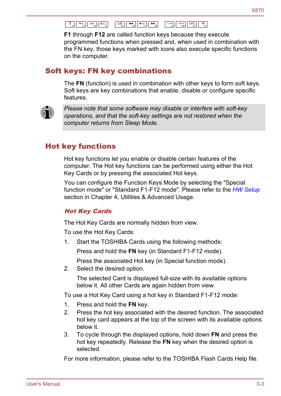 Soft keys: fn key combinations, Hot key functions | Toshiba Qosmio X870 User Manual | Page 44 / 164