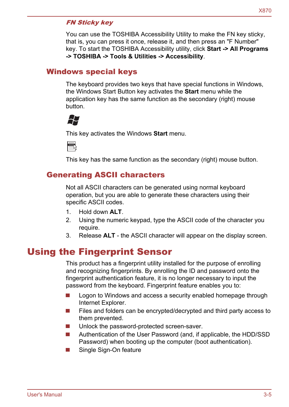 Windows special keys, Generating ascii characters, Using the fingerprint sensor | Using the fingerprint sensor -5, Using the, Fingerprint sensor | Toshiba Qosmio X870 User Manual | Page 46 / 164