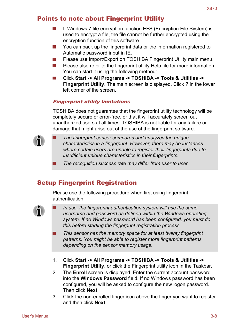 Points to note about fingerprint utility, Setup fingerprint registration | Toshiba Qosmio X870 User Manual | Page 49 / 164