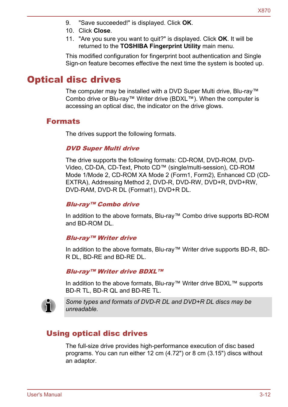 Optical disc drives, Formats, Using optical disc drives | Optical disc drives -12 | Toshiba Qosmio X870 User Manual | Page 53 / 164
