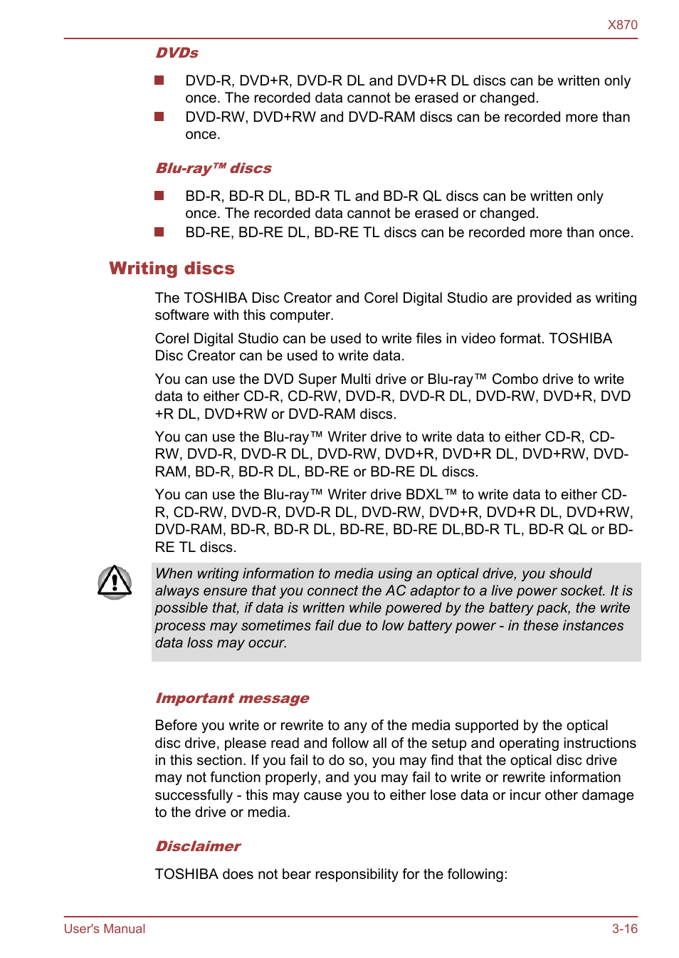 Writing discs | Toshiba Qosmio X870 User Manual | Page 57 / 164