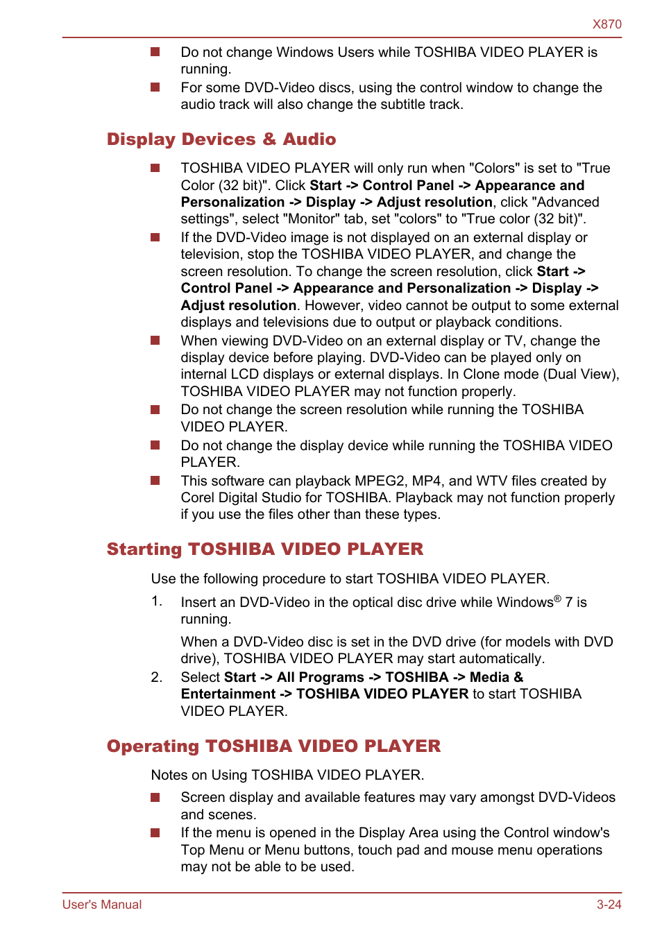 Display devices & audio, Starting toshiba video player, Operating toshiba video player | Toshiba Qosmio X870 User Manual | Page 65 / 164