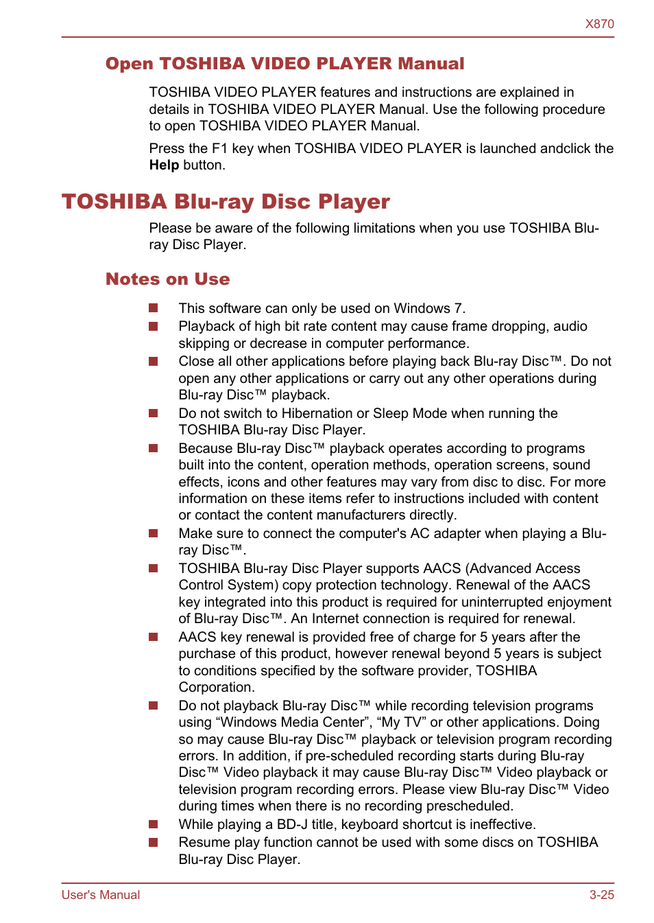 Open toshiba video player manual, Toshiba blu-ray disc player, Notes on use | Toshiba blu-ray disc player -25 | Toshiba Qosmio X870 User Manual | Page 66 / 164