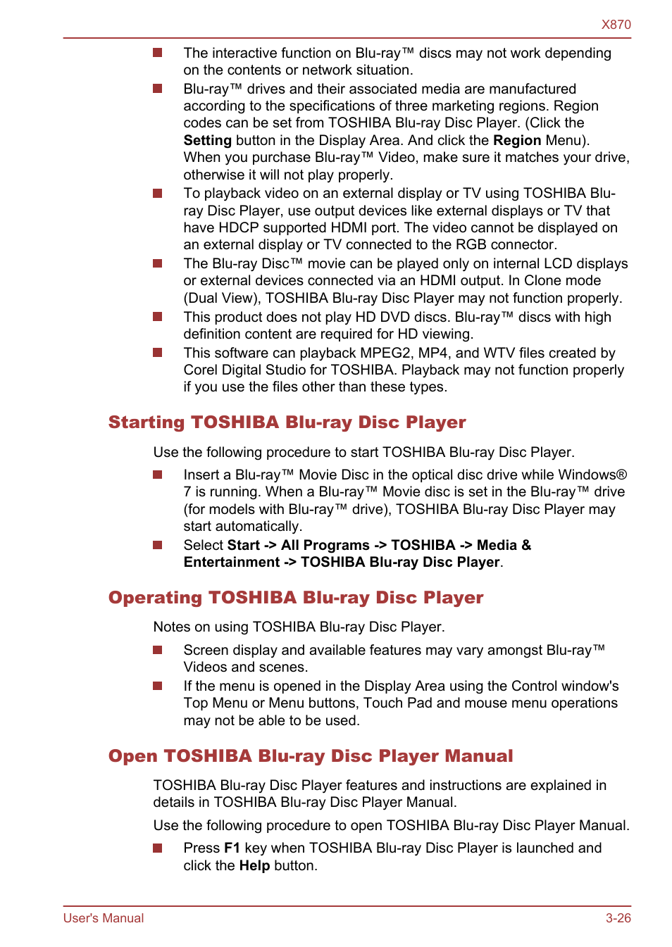 Starting toshiba blu-ray disc player, Operating toshiba blu-ray disc player, Open toshiba blu-ray disc player manual | Toshiba Qosmio X870 User Manual | Page 67 / 164