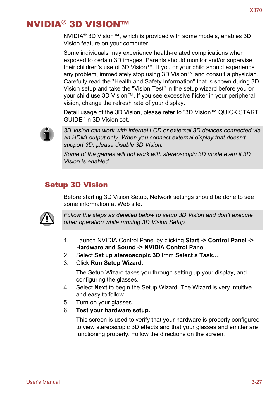 Nvidia® 3d vision, Setup 3d vision, Nvidia® 3d vision™ -27 | Nvidia, 3d vision | Toshiba Qosmio X870 User Manual | Page 68 / 164