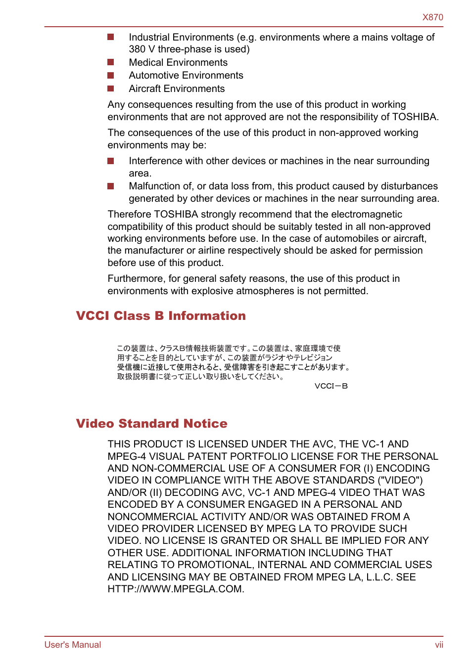 Vcci class b information, Video standard notice | Toshiba Qosmio X870 User Manual | Page 7 / 164