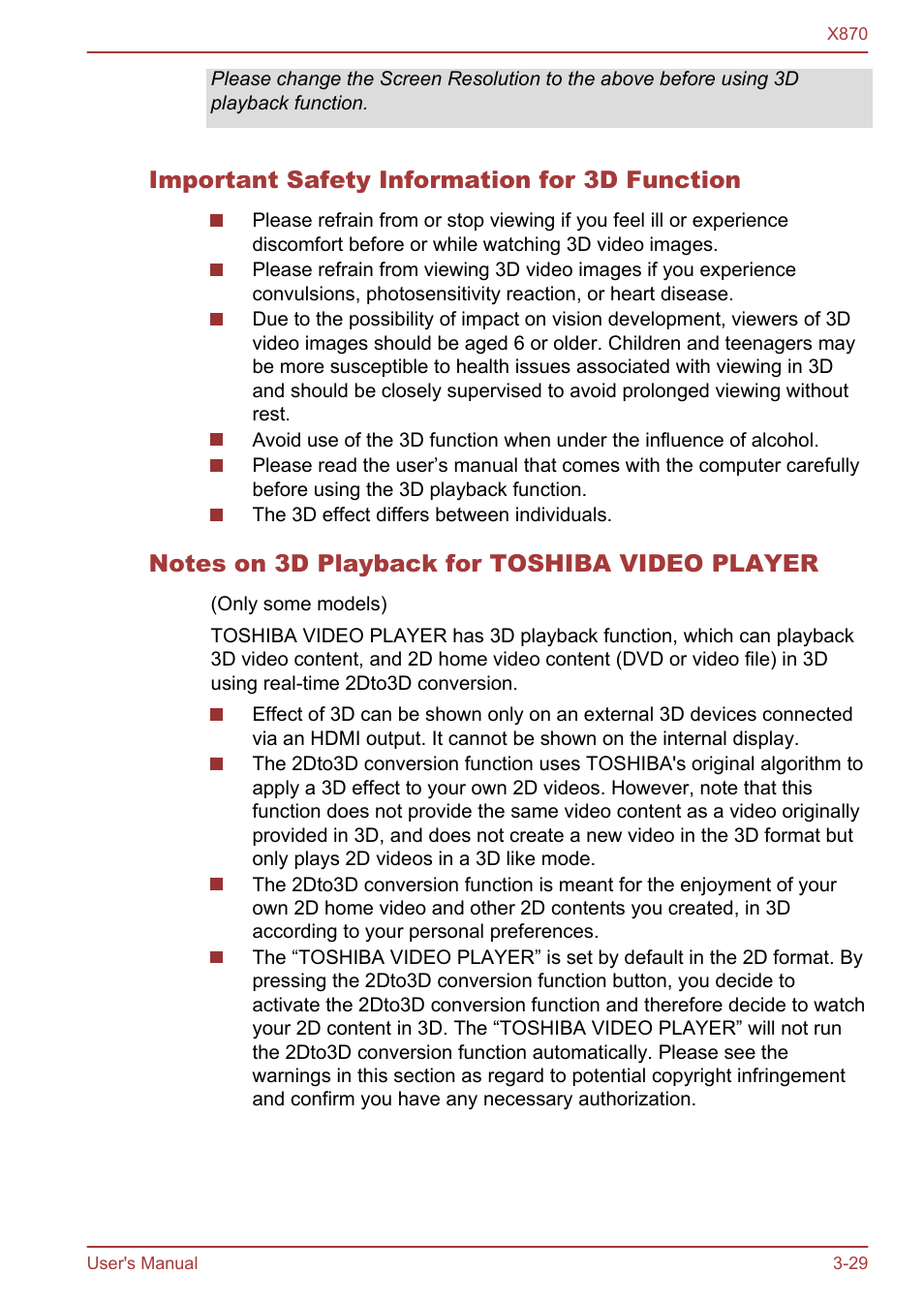 Important safety information for 3d function, Notes on 3d playback for toshiba video player | Toshiba Qosmio X870 User Manual | Page 70 / 164