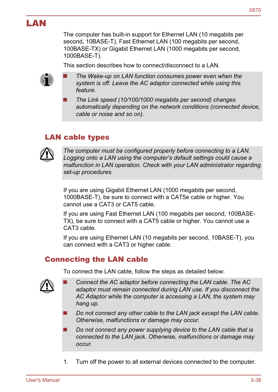 Lan cable types, Connecting the lan cable, Lan -38 | Toshiba Qosmio X870 User Manual | Page 79 / 164