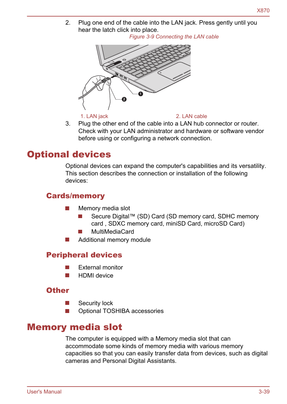 Optional devices, Cards/memory, Peripheral devices | Other, Memory media slot, Optional devices -39 memory media slot -39 | Toshiba Qosmio X870 User Manual | Page 80 / 164