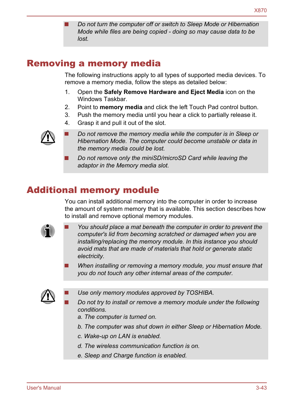 Removing a memory media, Additional memory module | Toshiba Qosmio X870 User Manual | Page 84 / 164