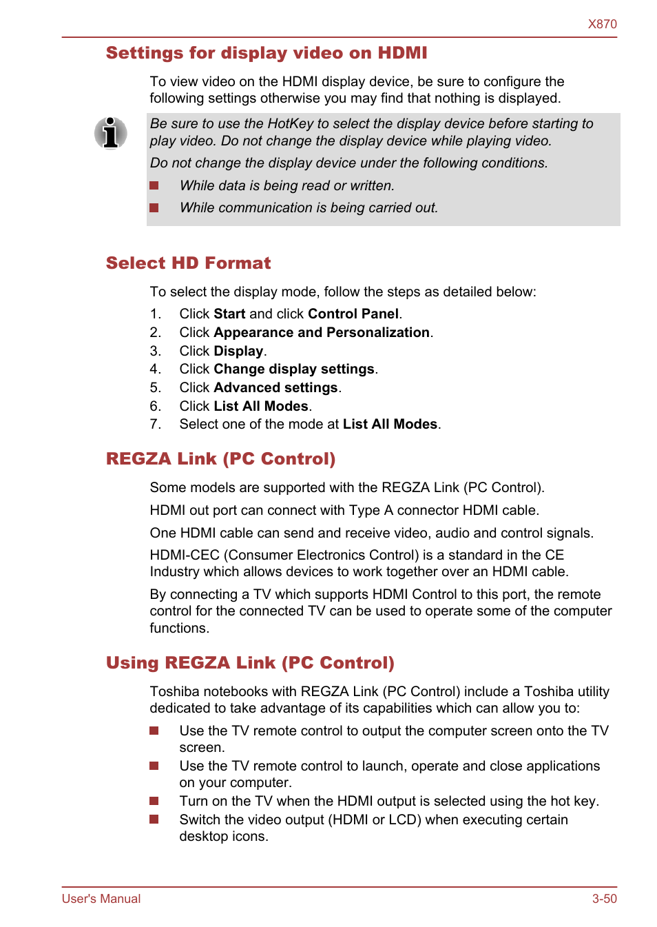 Settings for display video on hdmi, Select hd format, Regza link (pc control) | Using regza link (pc control) | Toshiba Qosmio X870 User Manual | Page 91 / 164