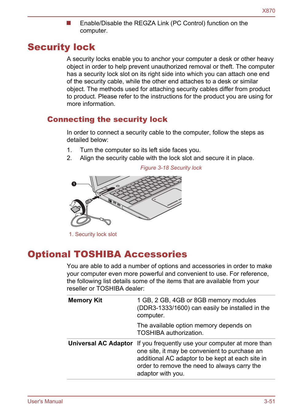 Security lock, Connecting the security lock, Optional toshiba accessories | Security lock -51, Optional toshiba accessories -51 | Toshiba Qosmio X870 User Manual | Page 92 / 164