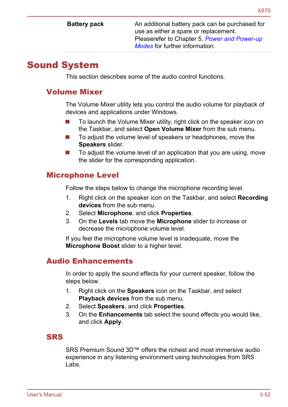 Sound system, Volume mixer, Microphone level | Audio enhancements, Sound system -52 | Toshiba Qosmio X870 User Manual | Page 93 / 164