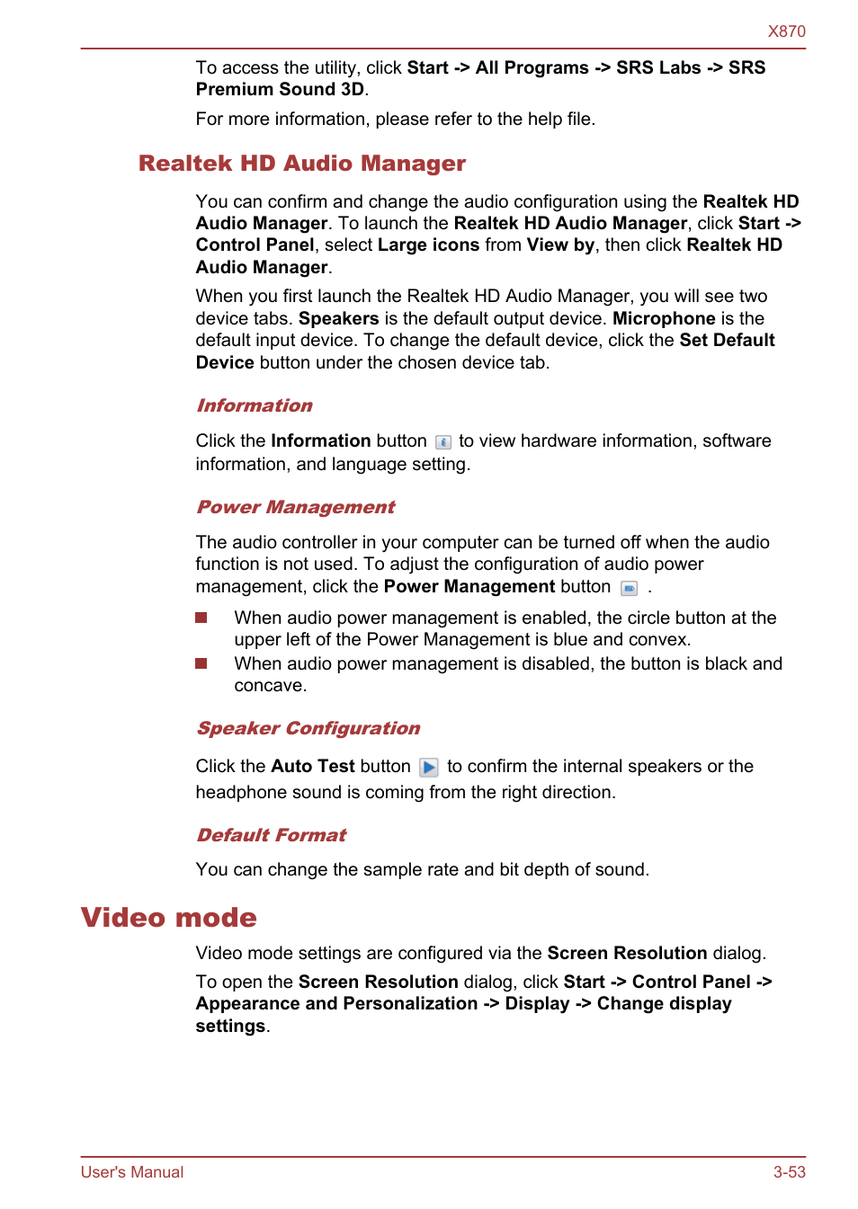 Realtek hd audio manager, Video mode, Video mode -53 | Toshiba Qosmio X870 User Manual | Page 94 / 164