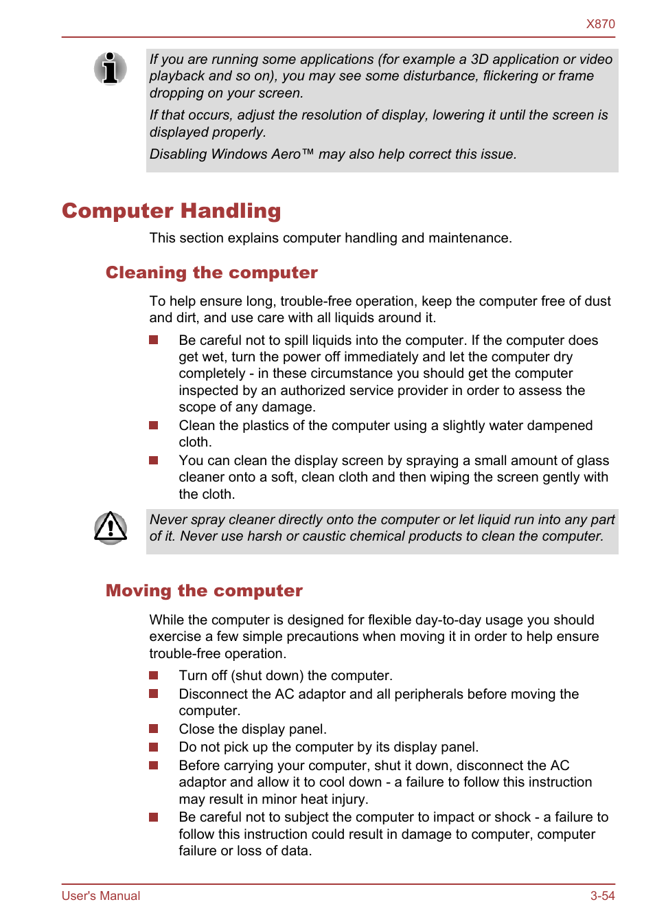 Computer handling, Cleaning the computer, Moving the computer | Computer handling -54 | Toshiba Qosmio X870 User Manual | Page 95 / 164