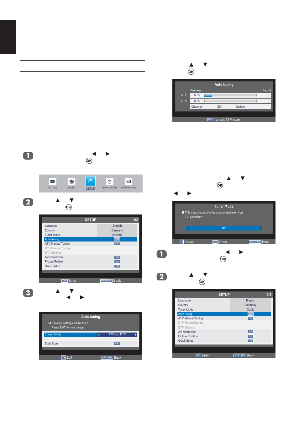 Setting the channels, Auto tuning, Tuner mode - antenna | Tuner mode - cable, English | Toshiba W2333 User Manual | Page 24 / 69