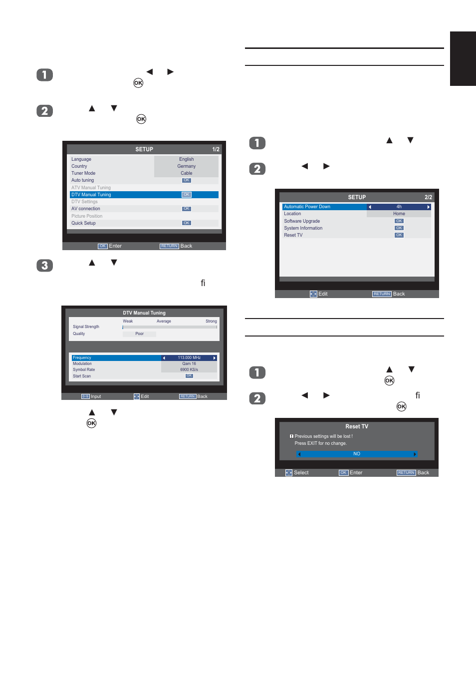 Automatic power down, Reset tv, Dtv mode - cable | English | Toshiba W2333 User Manual | Page 27 / 69