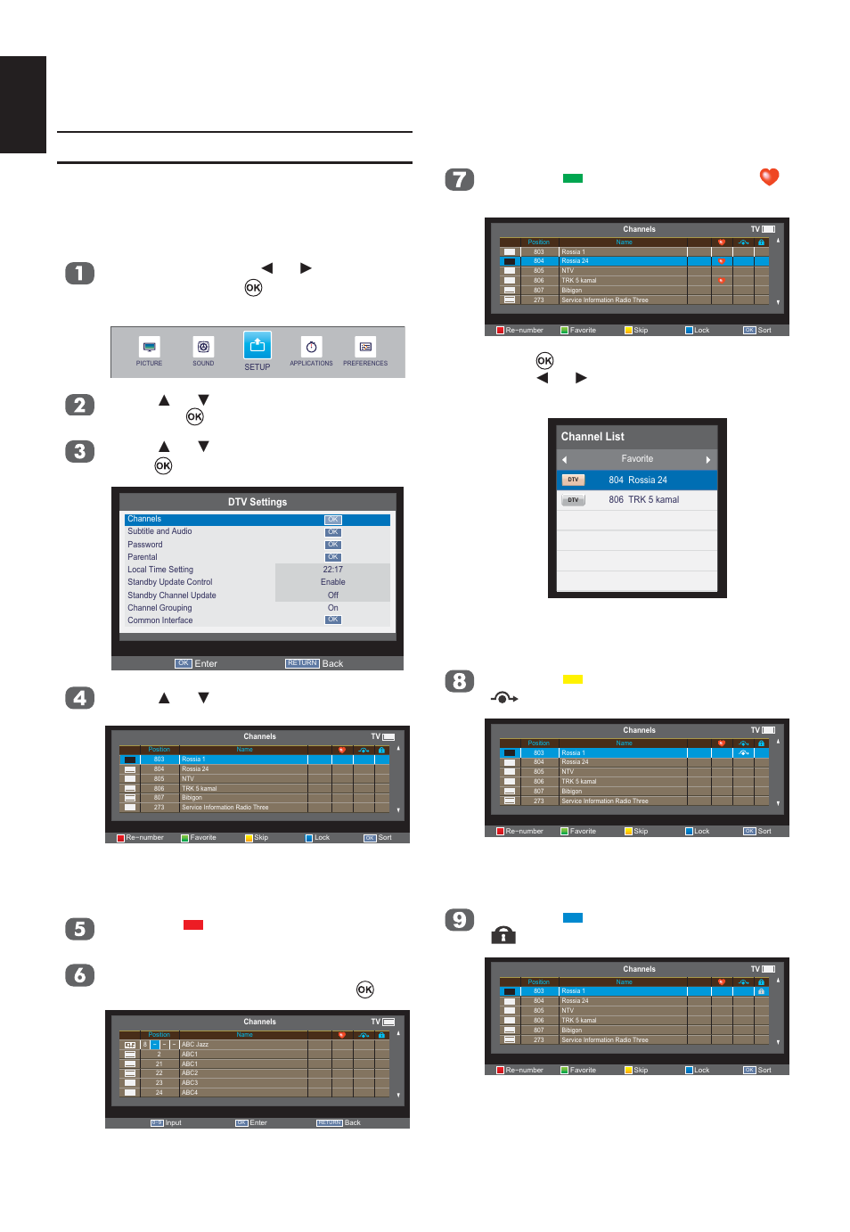 Dtv settings, Channels, Re-number | Favorite, Skip, Lock, English, Press ÿ or ź to select channels, Press the button on the remote. a icon appears | Toshiba W2333 User Manual | Page 28 / 69