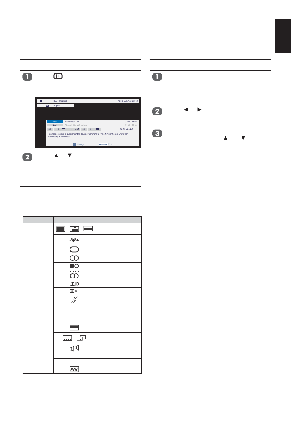 Digital on-screen information and programme guide, Guide, Information | On-screen information icons, English | Toshiba W2333 User Manual | Page 31 / 69