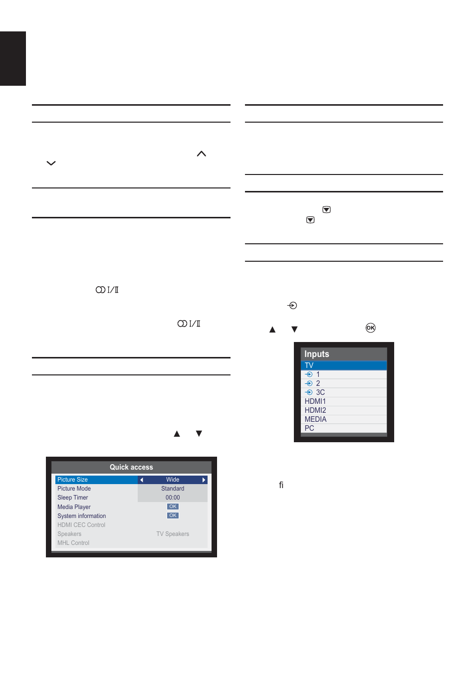 General controls, Selecting channels, Stereo and bilingual transmissions | Quick access menu, Subtitles, Picture still, Input selection | Toshiba W2333 User Manual | Page 32 / 69