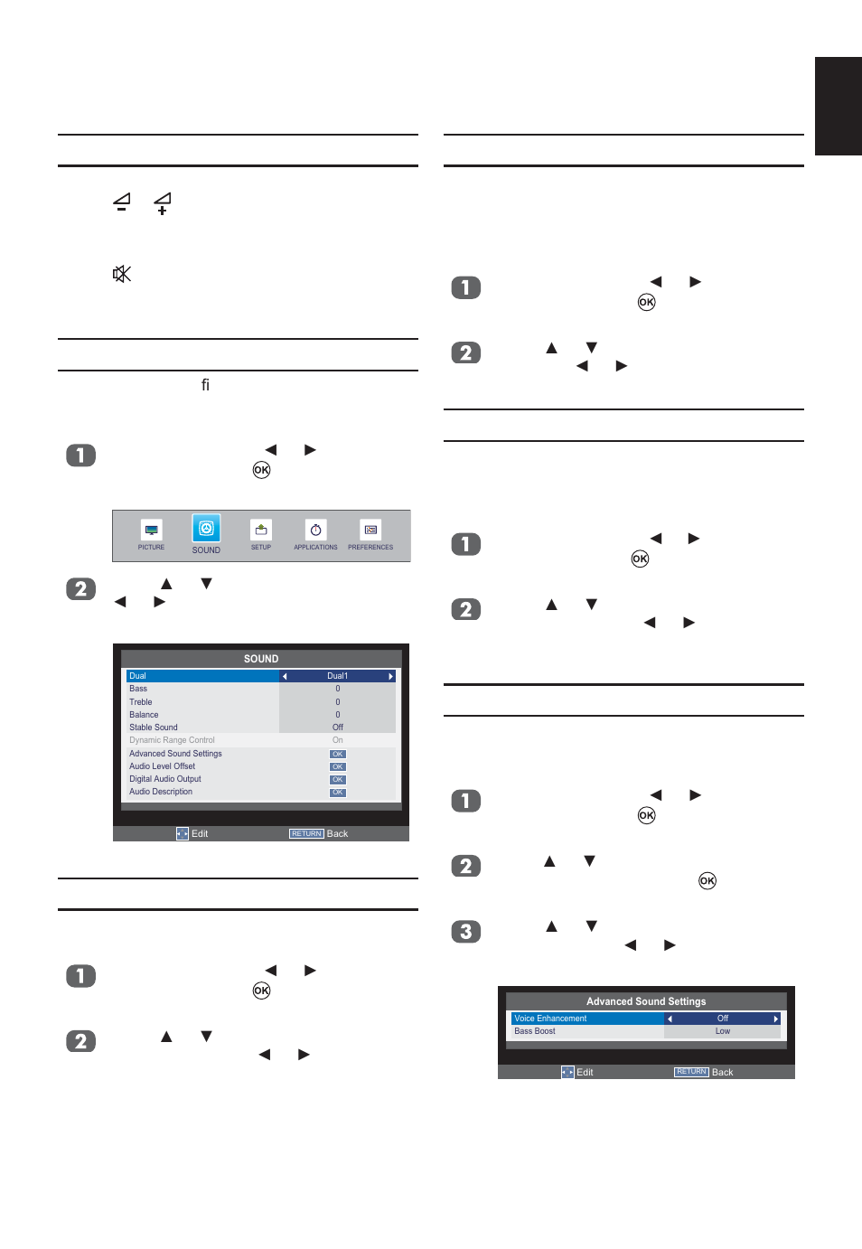 Sound controls, Volume controls and mute sound, Dual | Bass, treble and balance, Stable sound, Dynamic range control, Voice enhancement | Toshiba W2333 User Manual | Page 33 / 69