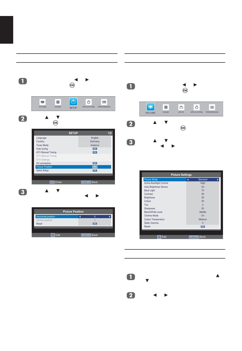 Picture controls, Picture position, Picture mode | Picture preferences, English | Toshiba W2333 User Manual | Page 38 / 69