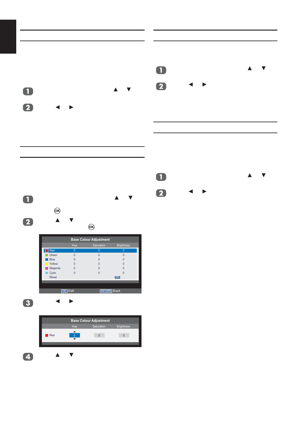 Digital noise reduction, Mpeg nr – noise reduction, 3d colour management | Base colour adjustment, English | Toshiba W2333 User Manual | Page 40 / 69