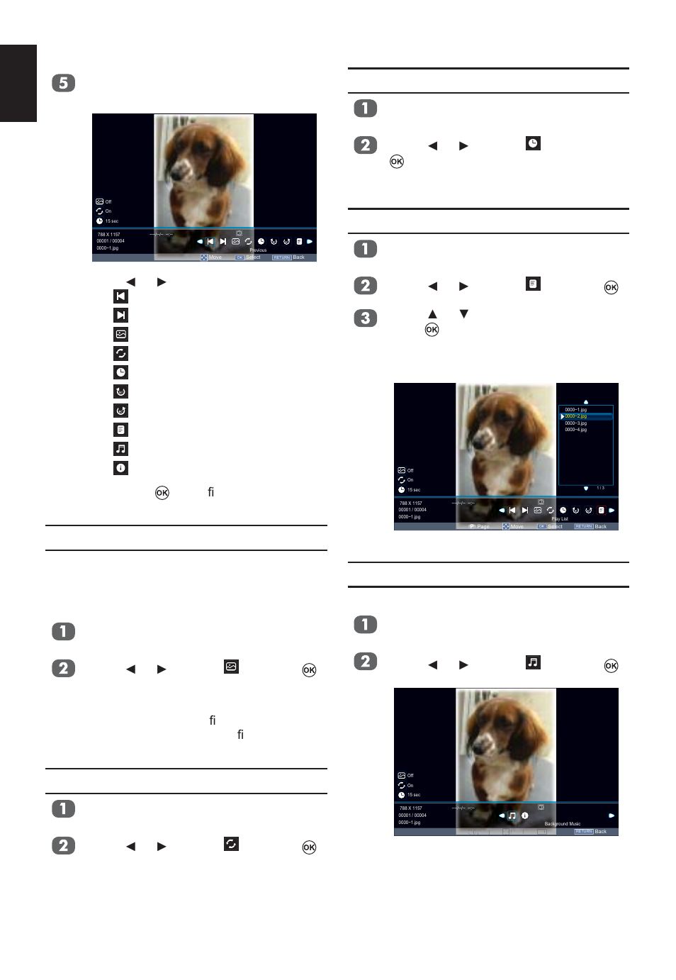 Set interval time, Using the play list, Background music | Using slide show, Repeat settings for slideshow, English | Toshiba W2333 User Manual | Page 42 / 69