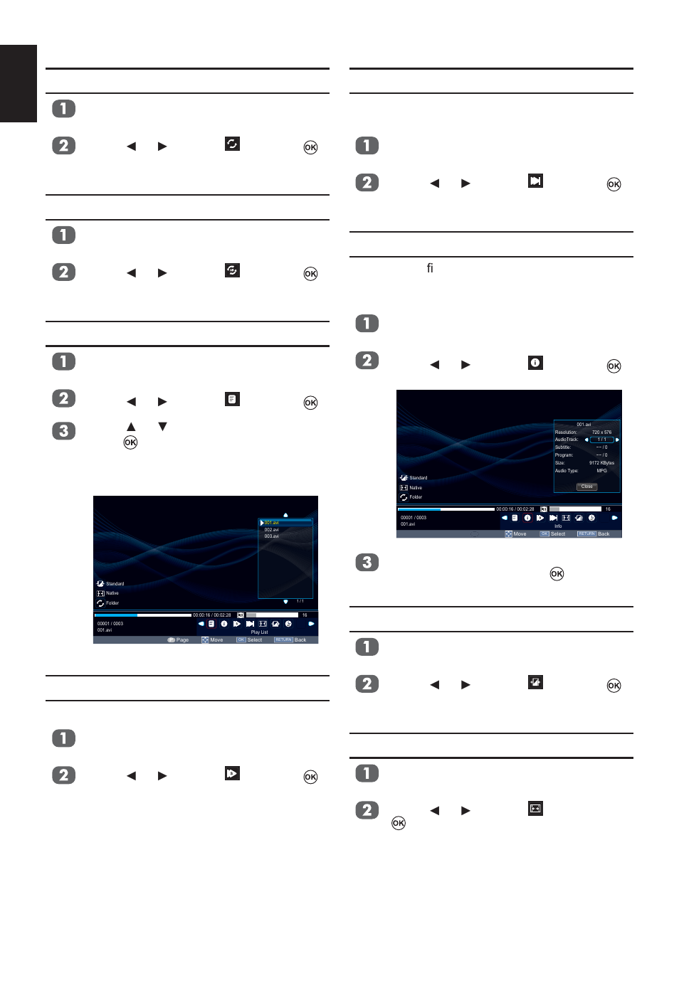 Step forward, Video info, Aspect ratio | Picture mode, Repeat settings, Using the play list, Slow forward, English | Toshiba W2333 User Manual | Page 48 / 69