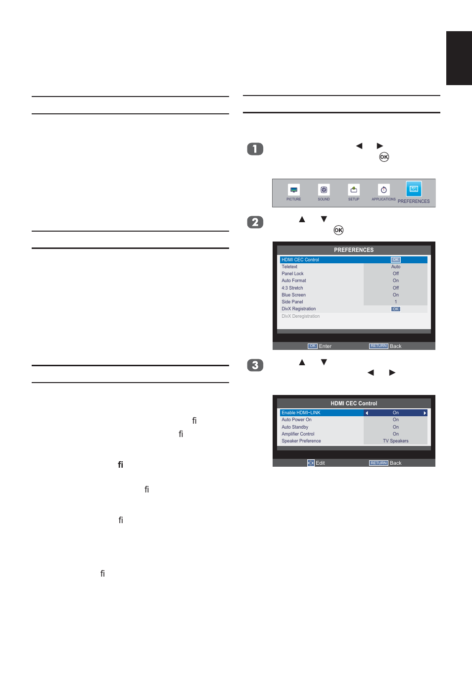 Hdmi cec menus, One touch play, System standby | System audio control, Enable hdmi-link, English | Toshiba W2333 User Manual | Page 51 / 69