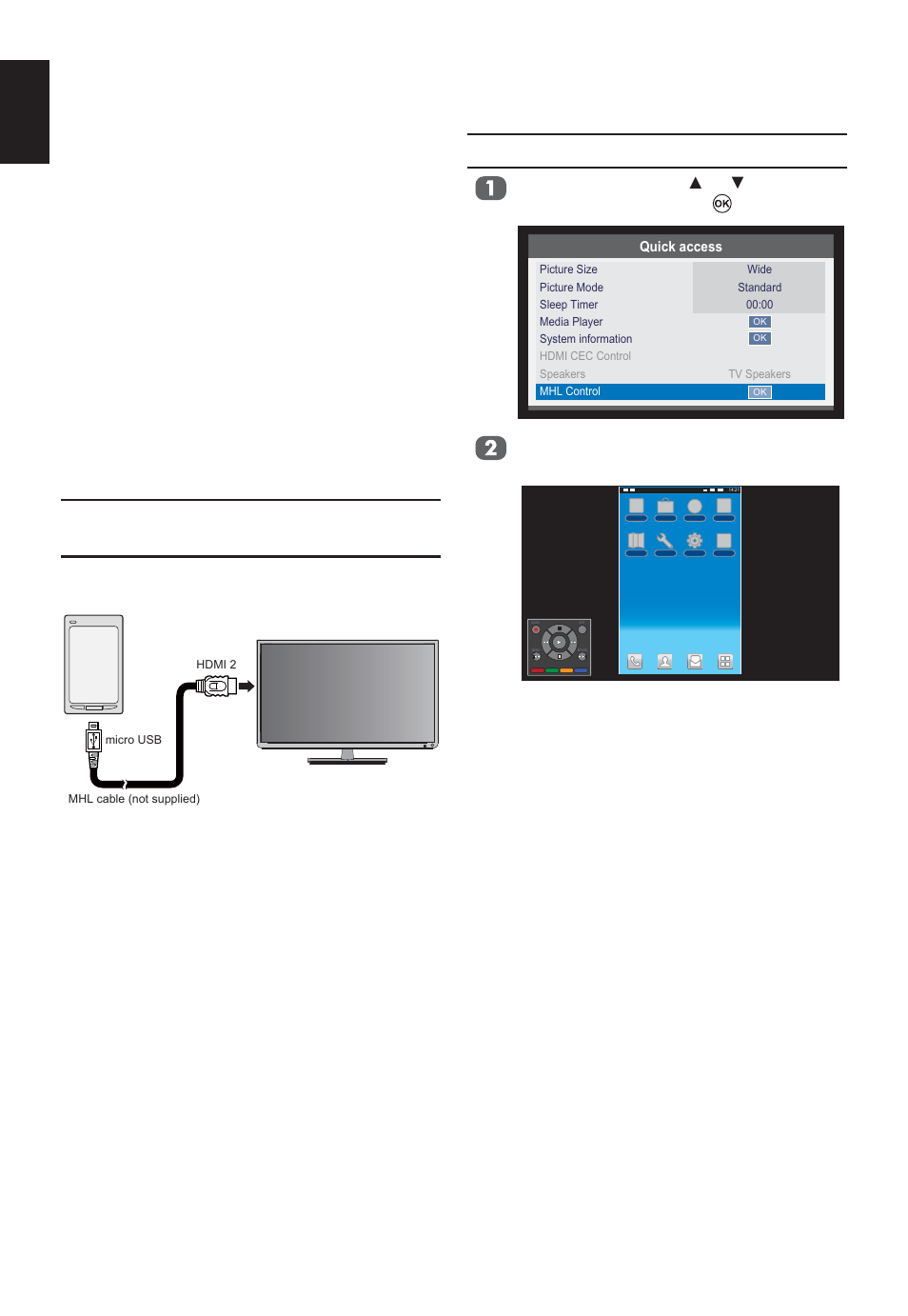 Using mhl tv function, Connecting an mhl-compatible device, Mhl control | Toshiba W2333 User Manual | Page 54 / 69