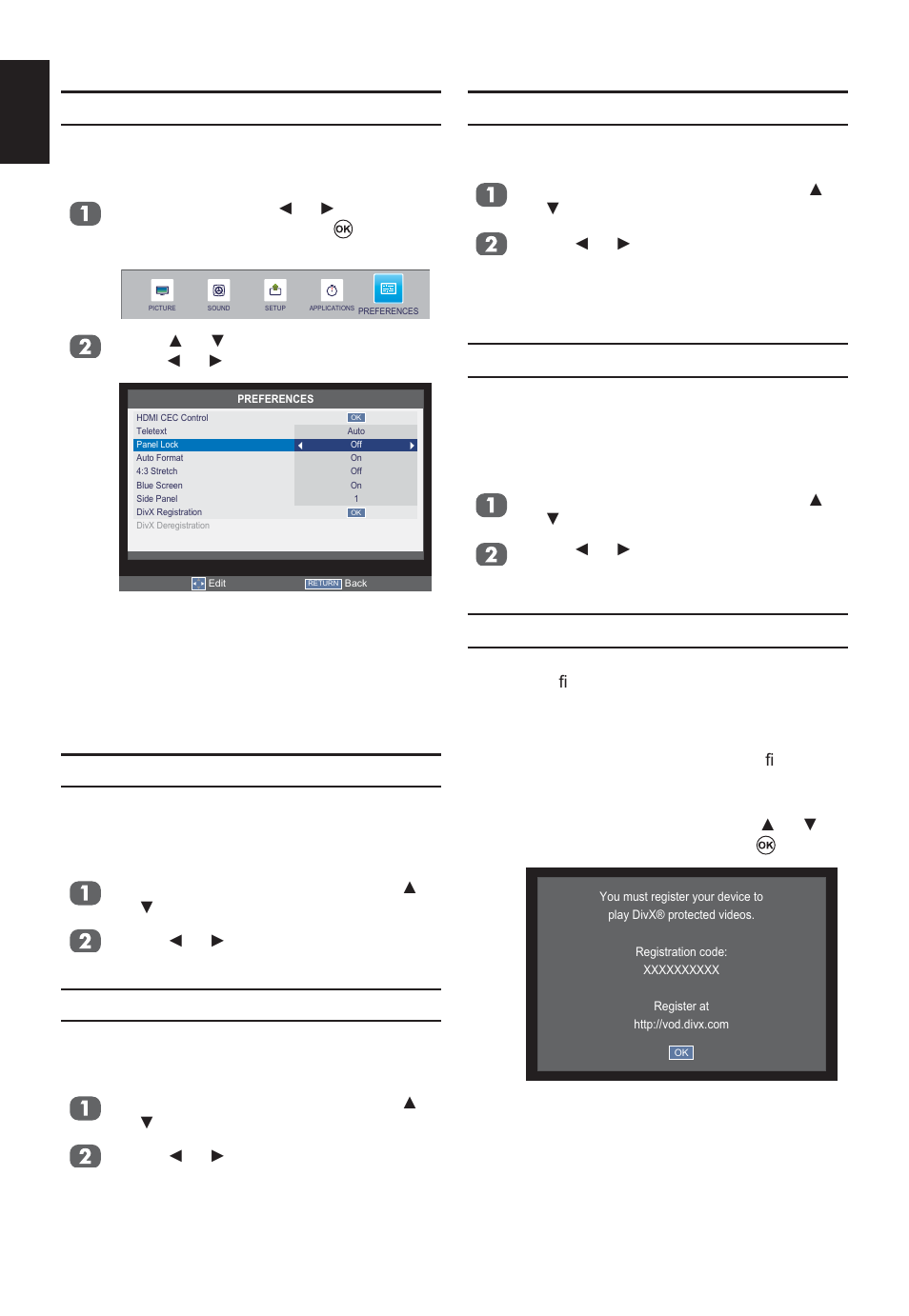 Blue screen, Side panel, Divx registration | Panel lock, Auto format (widescreen), 3 stretch | Toshiba W2333 User Manual | Page 58 / 69