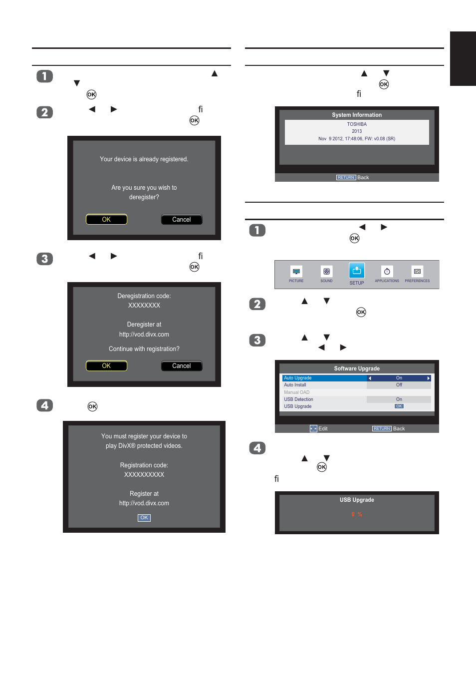 Divx deregistration, System information, Software upgrade | Toshiba W2333 User Manual | Page 59 / 69