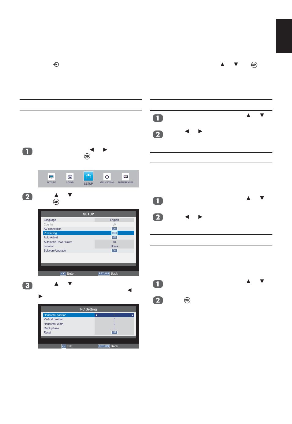 Pc settings, Horizontal and vertical position, Horizontal width | Clock phase, Reset, English | Toshiba W2333 User Manual | Page 61 / 69