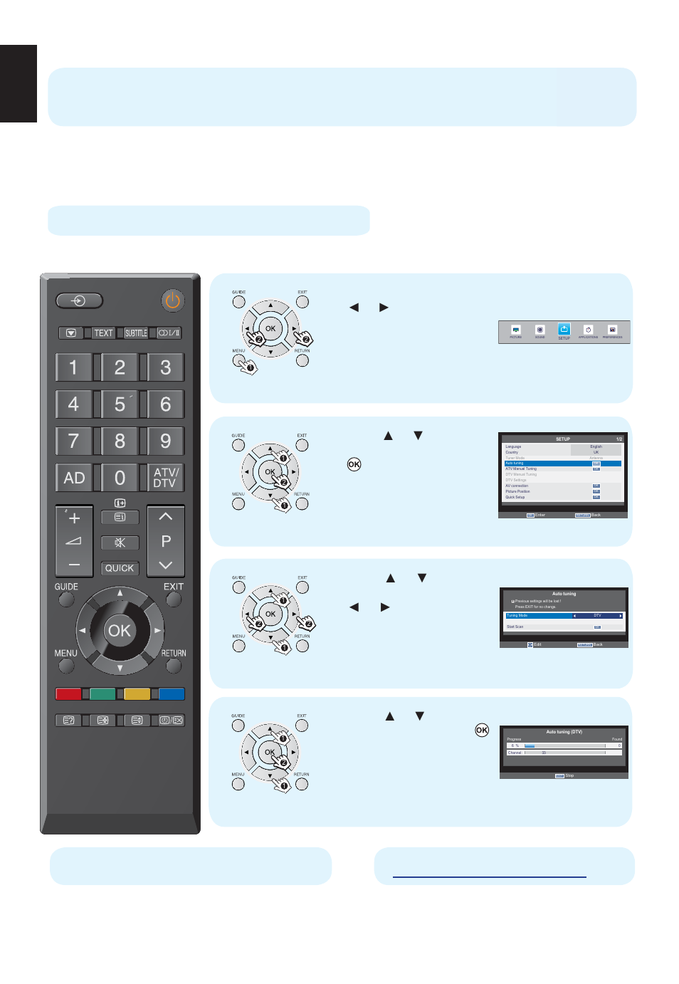 Re-tuning: toshiba, Freeview products, English | 4 steps toshiba digital tv, Press menu and press ż or ź to select setup . 1 ), Steps 1-4) | Toshiba W2333 User Manual | Page 8 / 69