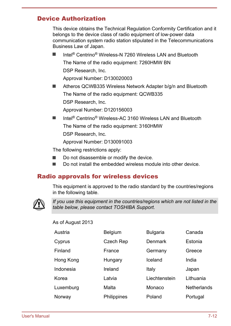 Device authorization, Radio approvals for wireless devices | Toshiba Satellite W30T-A User Manual | Page 108 / 114