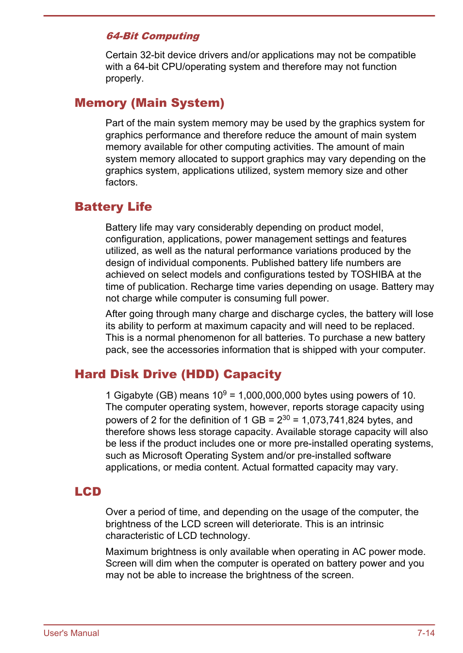 Memory (main system), Battery life, Hard disk drive (hdd) capacity | Toshiba Satellite W30T-A User Manual | Page 110 / 114