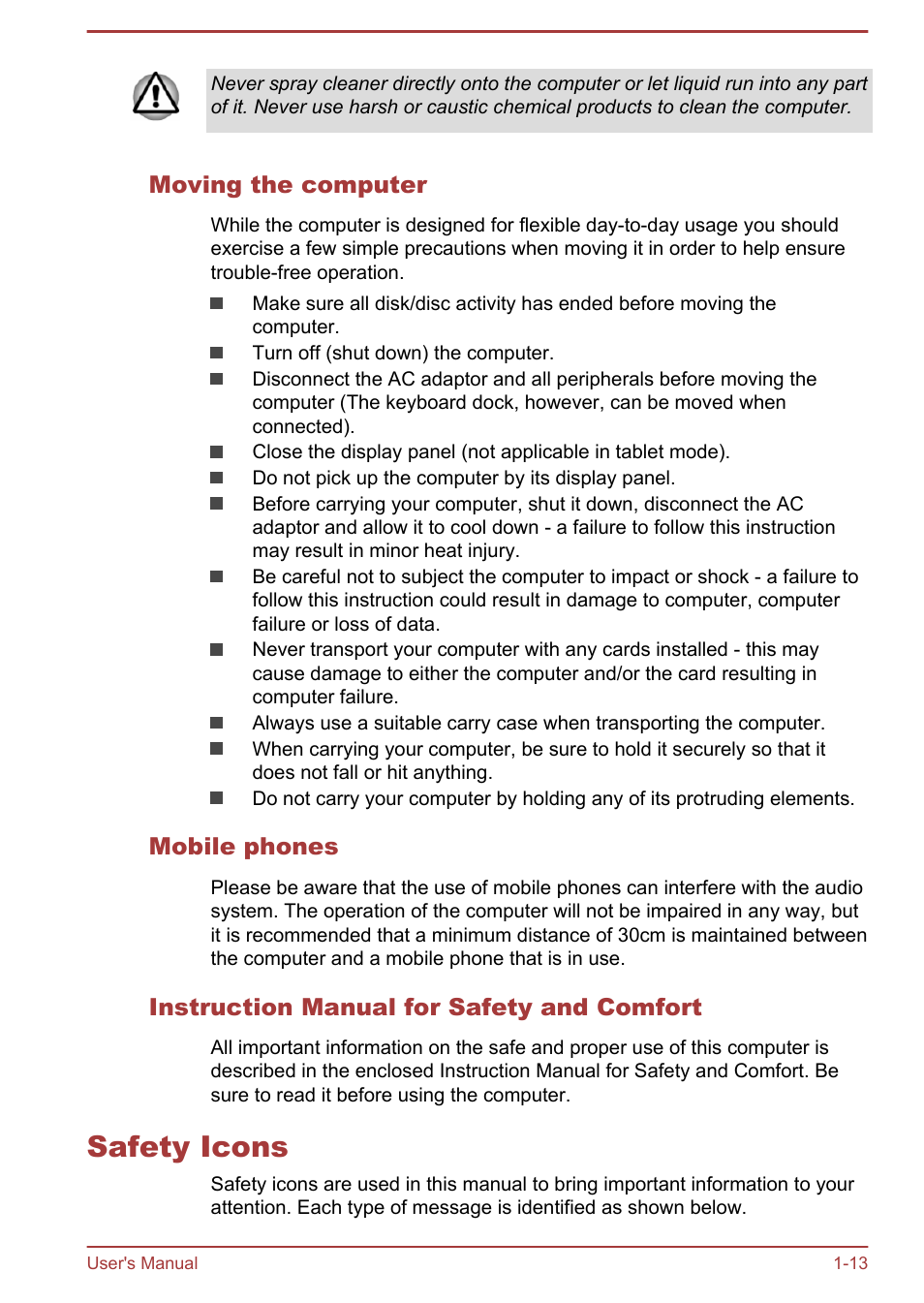 Moving the computer, Mobile phones, Instruction manual for safety and comfort | Safety icons, Safety icons -13 | Toshiba Satellite W30T-A User Manual | Page 16 / 114